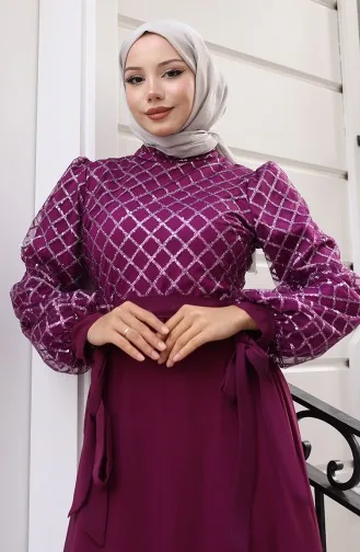 Sequined Belted Chiffon Evening Dress 5617-03 Purple 5617-03