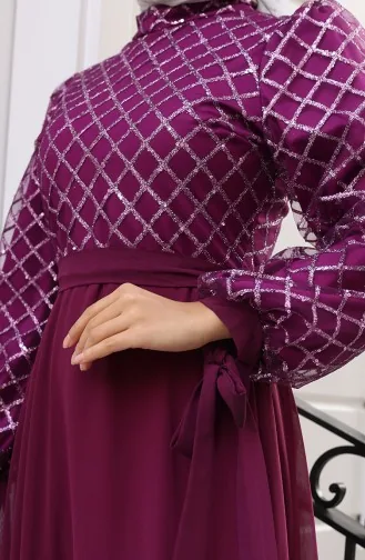 Sequined Belted Chiffon Evening Dress 5617-03 Purple 5617-03