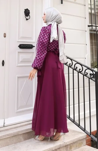 Sequined Belted Chiffon Evening Dress 5617-03 Purple 5617-03