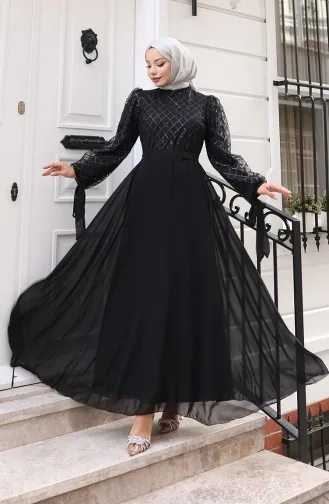 Pullu Kuşaklı Şifon Abiye Elbise 5617-04 Siyah