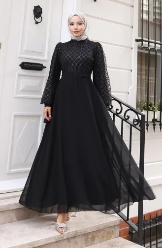Pullu Kuşaklı Şifon Abiye Elbise 5617-04 Siyah