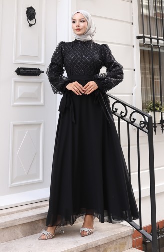 Pullu Kuşaklı Şifon Abiye Elbise 5617-04 Siyah