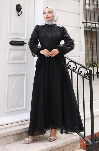 Pullu Kuşaklı Şifon Abiye Elbise 5617-04 Siyah
