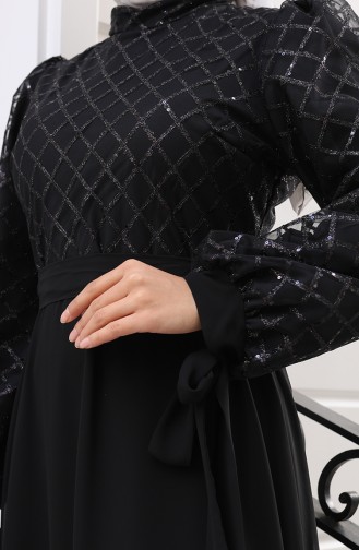 Pullu Kuşaklı Şifon Abiye Elbise 5617-04 Siyah