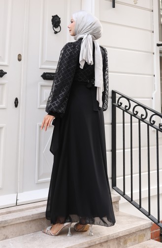 Pullu Kuşaklı Şifon Abiye Elbise 5617-04 Siyah