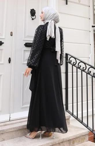Pullu Kuşaklı Şifon Abiye Elbise 5617-04 Siyah