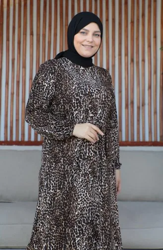 Büyük Beden Kuşaklı Elbise 4579F-01 Kahverengi