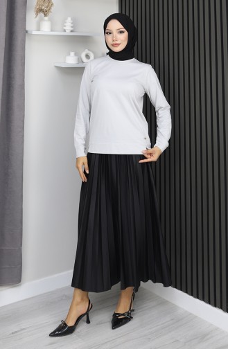 Yırtmaç Detaylı Penye Bluz 1064-01 Taş