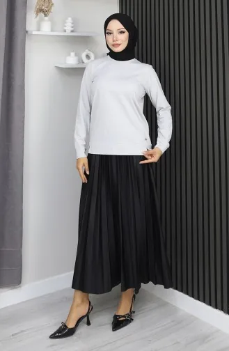 بلوزة قطنية ممشطة بتفاصيل شق 1064-01 حجري 1064-01