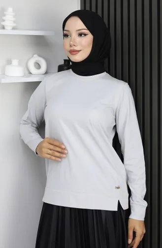 بلوزة قطنية ممشطة بتفاصيل شق 1064-01 حجري 1064-01