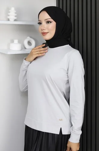 بلوزة قطنية ممشطة بتفاصيل شق 1064-01 حجري 1064-01