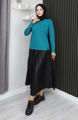 بلوزة قطنية ممشطة بتفاصيل مشقوقة 1064-02 بترولي 1064-02