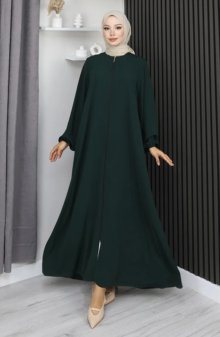Medina Silk Zippered Mevlana Abaya 2930-01 Emerald Green 2930-01