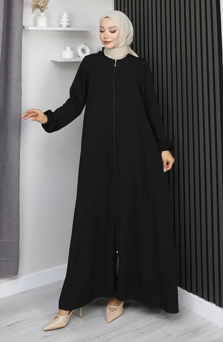 Medine İpeği Fermuarlı Mevlana Ferace 2930-02 Siyah