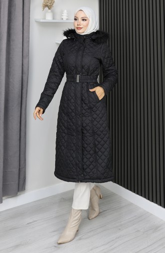 Gesteppter Kapuzenmantel Mit Reißverschluss 0210-01 Schwarz 0210-01