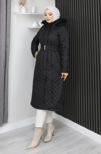 Gesteppter Kapuzenmantel Mit Reißverschluss 0210-01 Schwarz 0210-01