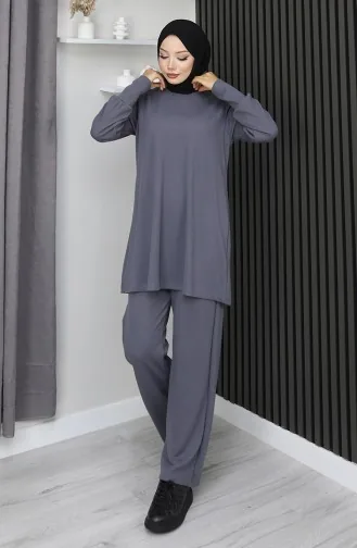 Crepe Fabric Tunic Trousers Two Piece Suit 20024A-01 Gray 20024A-01