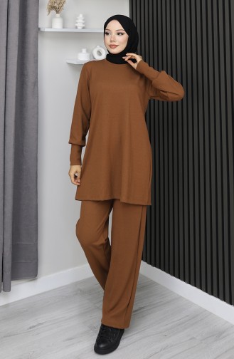 Bürümcük Kumaş Tunik Pantolon İkili Takım 20024A-02 Taba
