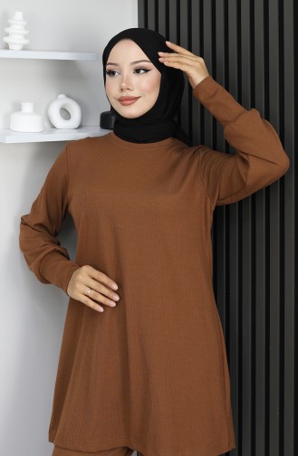 Bürümcük Kumaş Tunik Pantolon İkili Takım 20024A-02 Taba