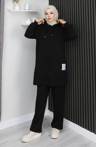 بدلة حجاب من قطعتين مطرزة من قماش أويشو 0211-03 أسود 0211-03