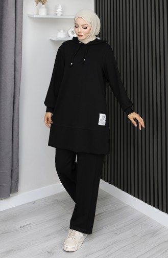 بدلة حجاب من قطعتين مطرزة من قماش أويشو 0211-03 أسود 0211-03