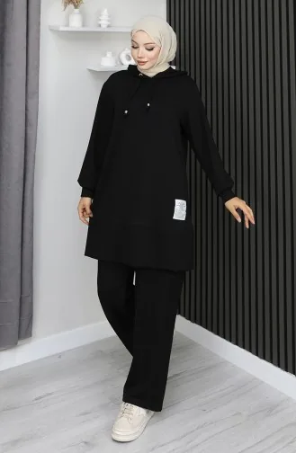 بدلة حجاب من قطعتين مطرزة من قماش أويشو 0211-03 أسود 0211-03