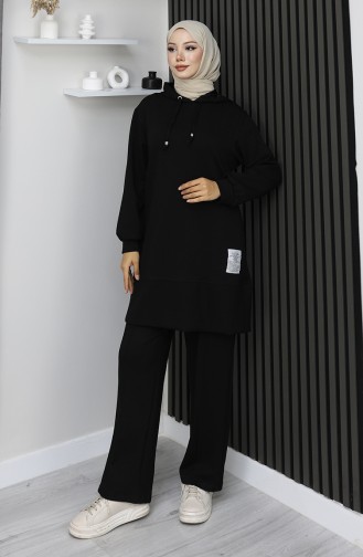 بدلة حجاب من قطعتين مطرزة من قماش أويشو 0211-03 أسود 0211-03