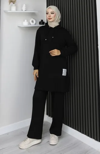 بدلة حجاب من قطعتين مطرزة من قماش أويشو 0211-03 أسود 0211-03