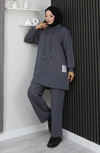 بدلة حجاب من قطعتين مطرزة من قماش أويشو 0211-04 أنثراسايت 0211-04