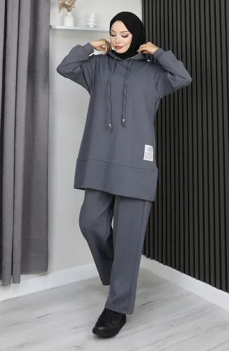 بدلة حجاب من قطعتين مطرزة من قماش أويشو 0211-04 أنثراسايت 0211-04