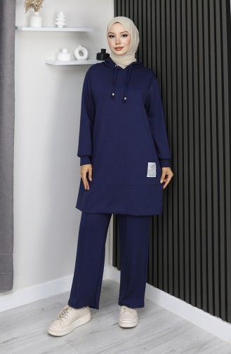 بدلة حجاب من قطعتين مطرزة من قماش أويشو 0211-05 أزرق داكن 0211-05