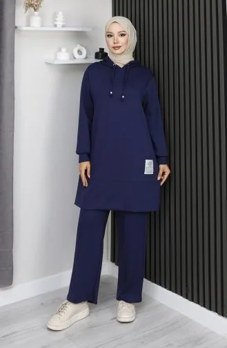 بدلة حجاب من قطعتين مطرزة من قماش أويشو 0211-05 أزرق داكن 0211-05