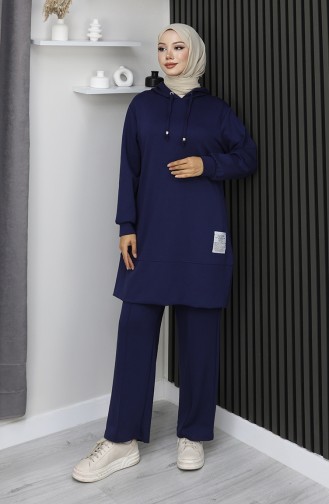 بدلة حجاب من قطعتين مطرزة من قماش أويشو 0211-05 أزرق داكن 0211-05