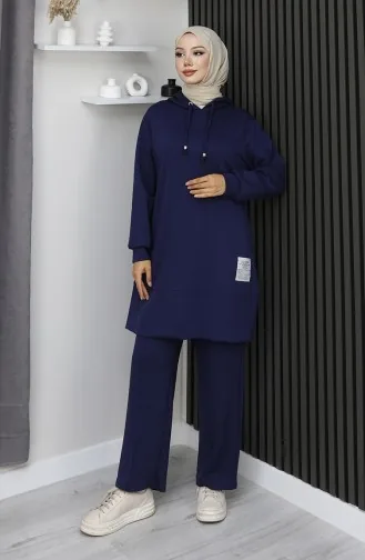 بدلة حجاب من قطعتين مطرزة من قماش أويشو 0211-05 أزرق داكن 0211-05