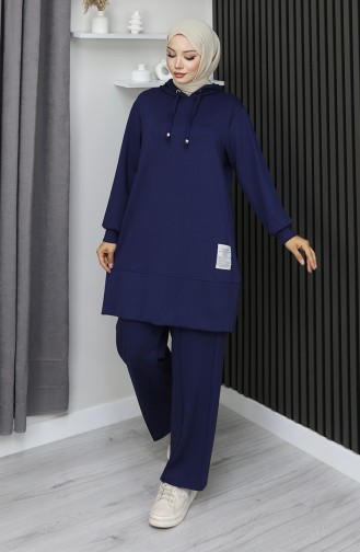 بدلة حجاب من قطعتين مطرزة من قماش أويشو 0211-05 أزرق داكن 0211-05