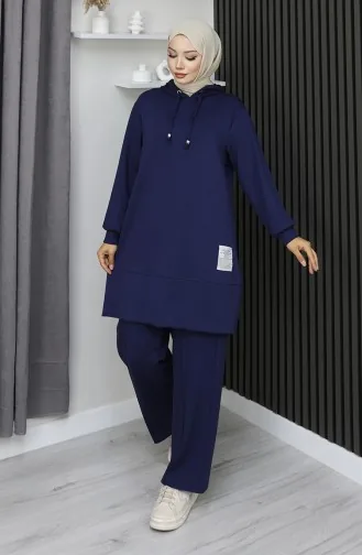 بدلة حجاب من قطعتين مطرزة من قماش أويشو 0211-05 أزرق داكن 0211-05