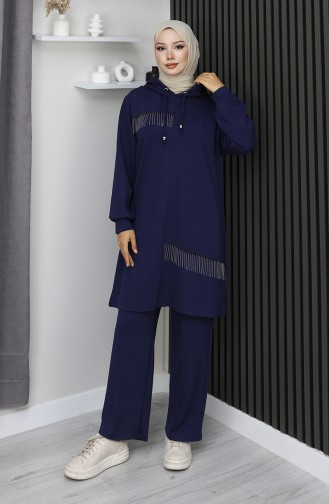 Oysho Zweiteiliger Hijab-Anzug Mit Stoffkettenverzierung 0212-01 Marineblau 0212-01