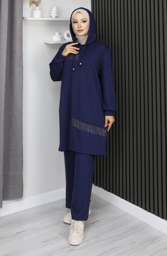 Oysho Zweiteiliger Hijab-Anzug Mit Stoffkettenverzierung 0212-01 Marineblau 0212-01