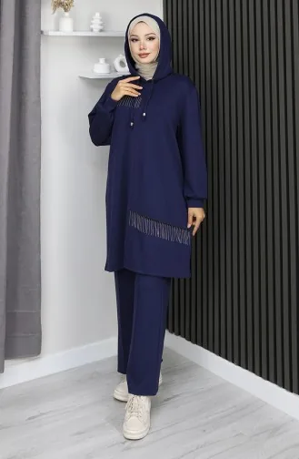 بدلة حجاب من قطعتين بتفاصيل سلسلة من قماش أويشو 0212-01 أزرق داكن 0212-01