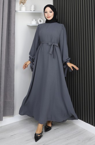 Robe Hijab à Lacets Et Poignets Retroussés 7121-07 Gris Fumé 7121-07