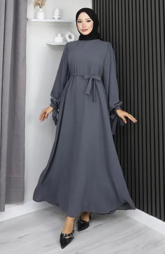 Robe Hijab à Lacets Et Poignets Retroussés 7121-07 Gris Fumé 7121-07