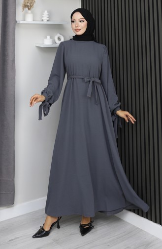 Robe Hijab à Lacets Et Poignets Retroussés 7121-07 Gris Fumé 7121-07