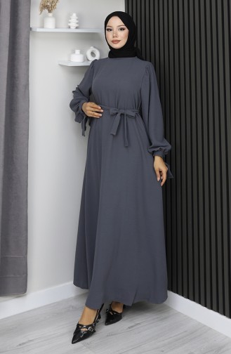 Robe Hijab à Lacets Et Poignets Retroussés 7121-07 Gris Fumé 7121-07
