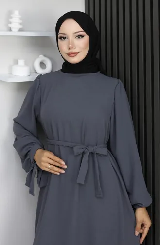 Robe Hijab à Lacets Et Poignets Retroussés 7121-07 Gris Fumé 7121-07