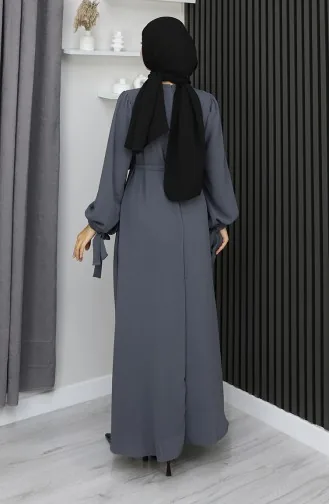 Robe Hijab à Lacets Et Poignets Retroussés 7121-07 Gris Fumé 7121-07