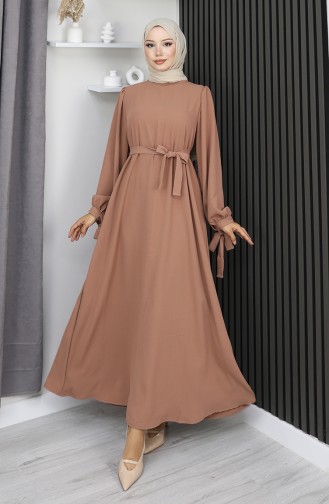 Hijab-Kleid Mit Schnürung Und Bündchen 7121-08 Milchkaffee 7121-08