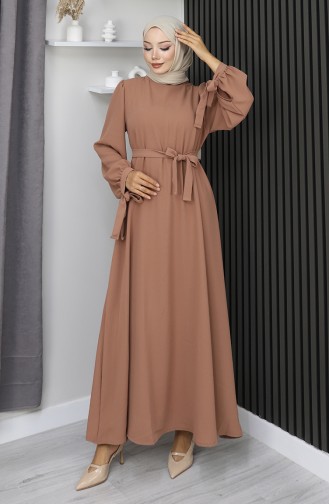 Hijab-Kleid Mit Schnürung Und Bündchen 7121-08 Milchkaffee 7121-08