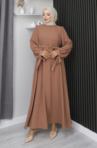 Hijab-Kleid Mit Schnürung Und Bündchen 7121-08 Milchkaffee 7121-08