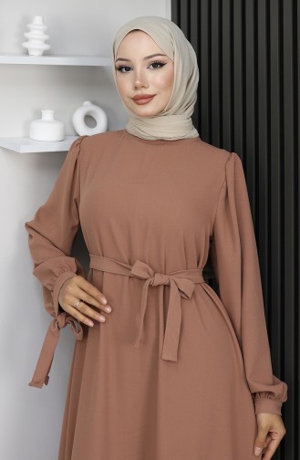 Hijab-Kleid Mit Schnürung Und Bündchen 7121-08 Milchkaffee 7121-08