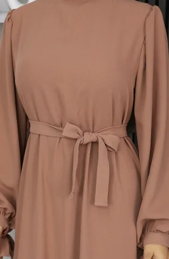 Manşeti Bağcıklı Tesettür Elbise 7121-08 Sütlü Kahve